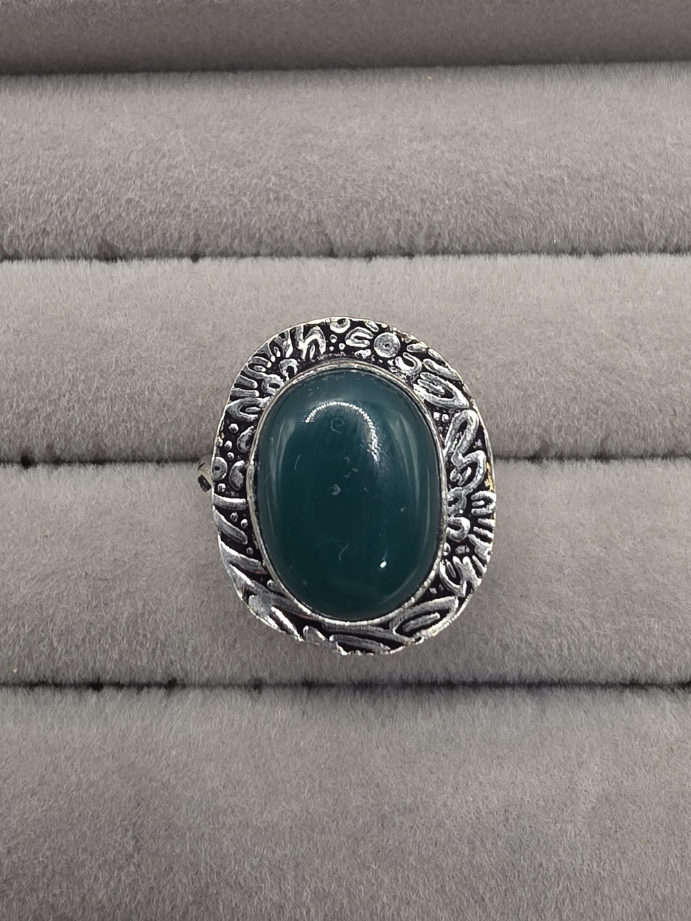 Silver Plated Teal Oval Cabochon Statement Ring Size 7